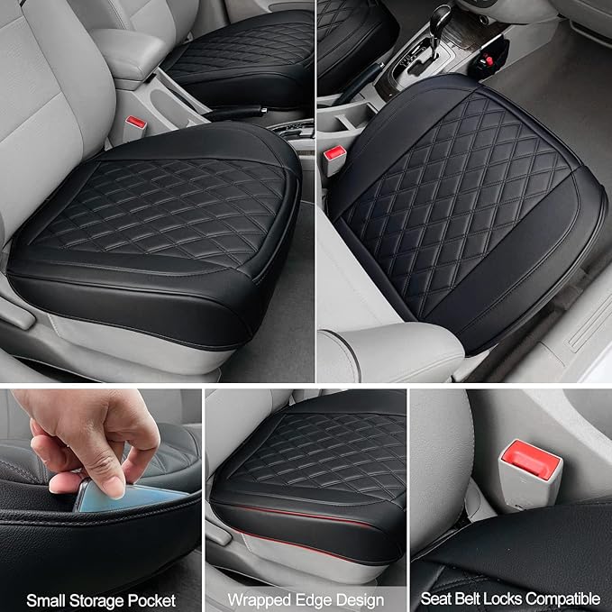 2 Pack Leather Front Car Seat Cover, Anti-Slip and Full Wrap Driver Car Seat Protectors with Storage Pocket, Luxury Waterproof Bottom Auto Seat Cushion Pad Mat for Most Vehicles(Black)