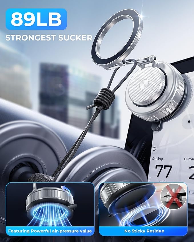 2026 Upgraded Vacuum Magnetic Car Phone Holder [89+LBS Suction/2800gf Magnet], Suction Cup Phone Mount, Ultra-Strong Magnetic Stand for Car/Mirror/Gym/Kitchen/iPhone17 16 15 14 13 12, Silver