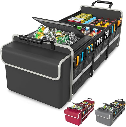 Large Trunk Organizer for SUV with Premium Portable Cooler Bag, Car Organizers and Storage with Foldable Cover, Collapsible Car Trunk Bed Organizer for Truck, 2 Retractable Straps, 90L+20L, Black-C