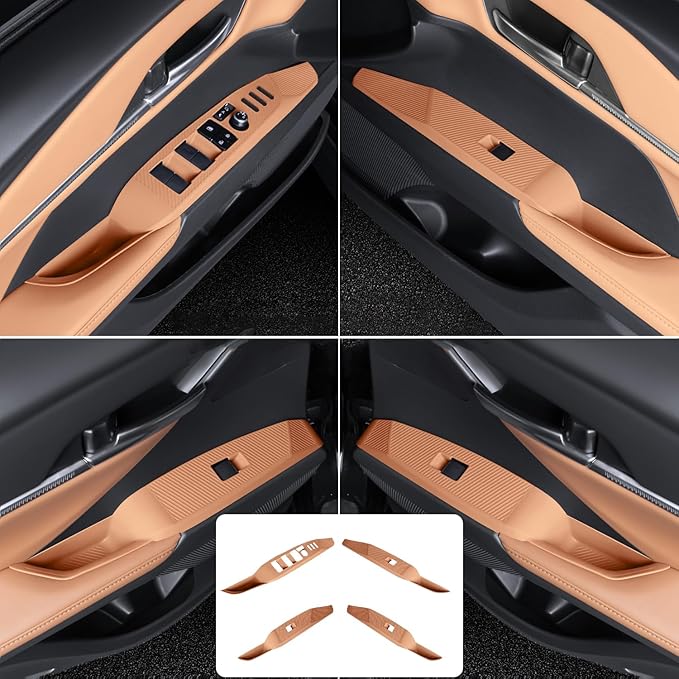 Temmis 4PCS Car Door Window Switch Panel Cover for Toyota Camry 2018-2025, Auto Interior Decor Accessories Armrest Trim Silicone Style Kit-Brown (Seats Without Memory Function)