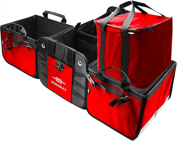 5-Section Trunk Organizer with Cooler – Extra Large Modular Car Storage System with Insulated Compartment, Foldable Multi-Module Cargo Organizer for Groceries & Travel – Red