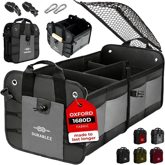 Compact Car Trunk Organizer 2-Section – Grocery, Tools, Cleaning Supplies Storage – Foldable Dual-Compartment Cargo Bin with Cover Net – Gray