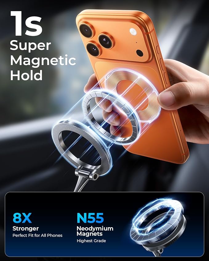 2026 Heavy-Duty Magnetic Phone Holder for Car, Ultra Strong Vacuum Suction Magsafe Car Mount with Full Metal Arm 360° Adjustable Phone Holder for Dashboard & Windshield for iPhone 17 Pro Max & Samsung