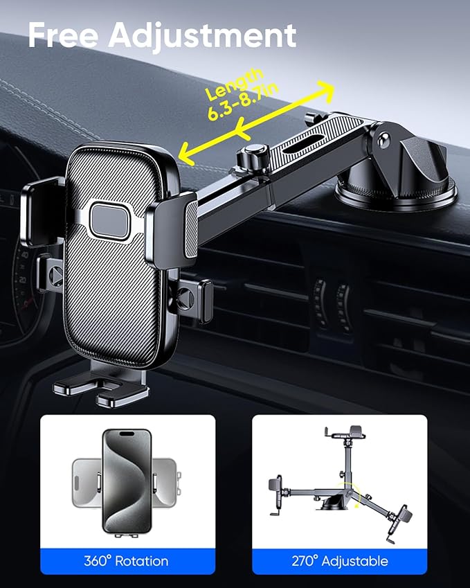 3 in 1 Car Phone Holder Mount, [1s Auto Lock] Phone Holders for Your Car, 360° Adjustable Dashboard Vent Windshield Cell Phone Cradle Clamp Clip for iPhone, Samsung, Google, 4.7-7" Android Smartphones