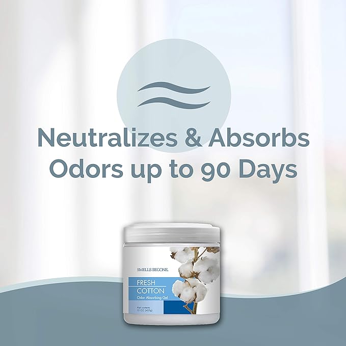 SMELLS BEGONE 15oz Gel Odor Eliminator - Absorb & Remove Tough Odors in Pet Areas, Bathrooms, Basements, Garage, Cars, RVs & Boats - Eliminate Odors Quickly (2-Pack, Fresh Cotton)