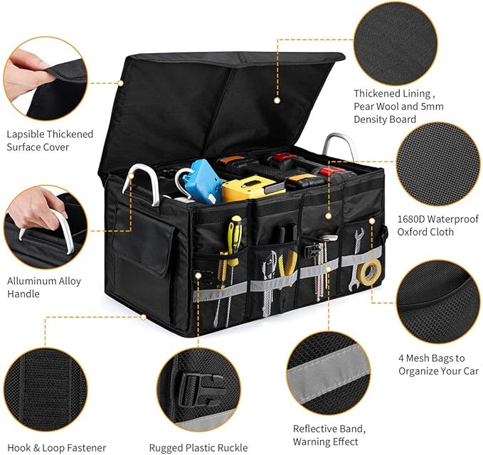 i BKGOO Car Trunk Organizer with Lid,Collapsible Car Trunk Storage Organizer,Multi-Compartment Car Organizer for auto, SUV, Truck, Minivan Black, X-Large