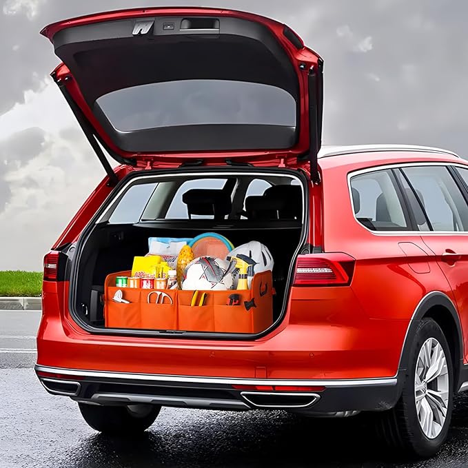Trunk Organizer For Suv & Sedan,Car Organizers and Storage, Waterproof Collapsible & Adjustable Straps,70L Sturdy Car Organization for Car Accessories, Tools,Sundries,2-3Compartment（Orange