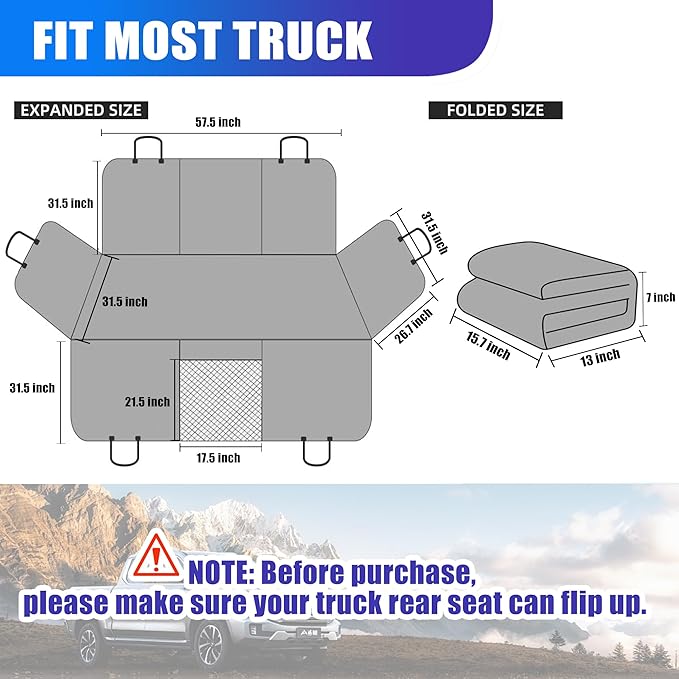 Dog Floor Hammock for Full Size Crew Cab Trucks with Fold Up Seats,Truck Back Seat Cover for Dogs with Door Protection Suitable for Ford/GMC/Chevrolet/Toyota/RAM Trucks(Black)