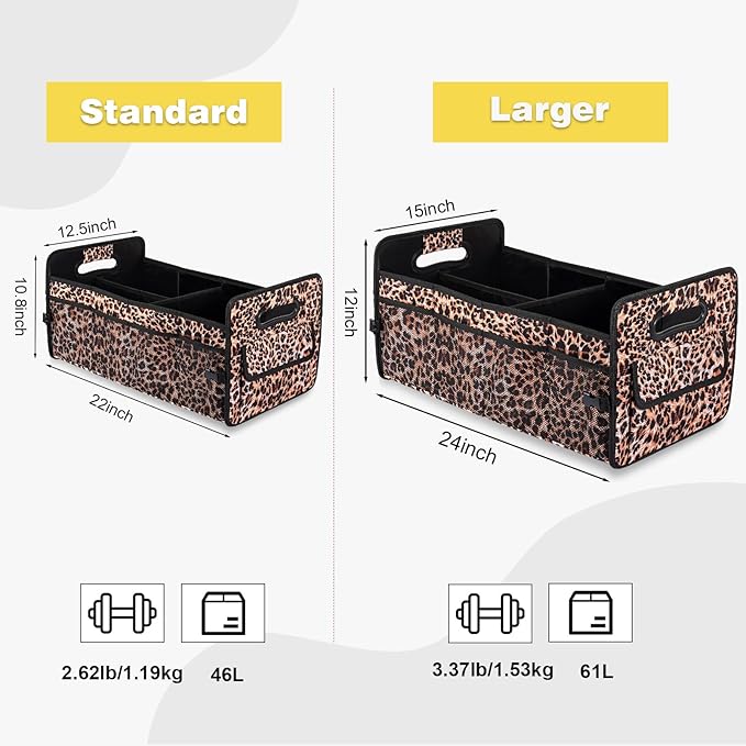 JiatuA Car Trunk Organizers and Storage Collapsible Multi Compartment Container Box, Adjustable Car Accessories for SUV Sedan Truck, Large Size, Leopard Print