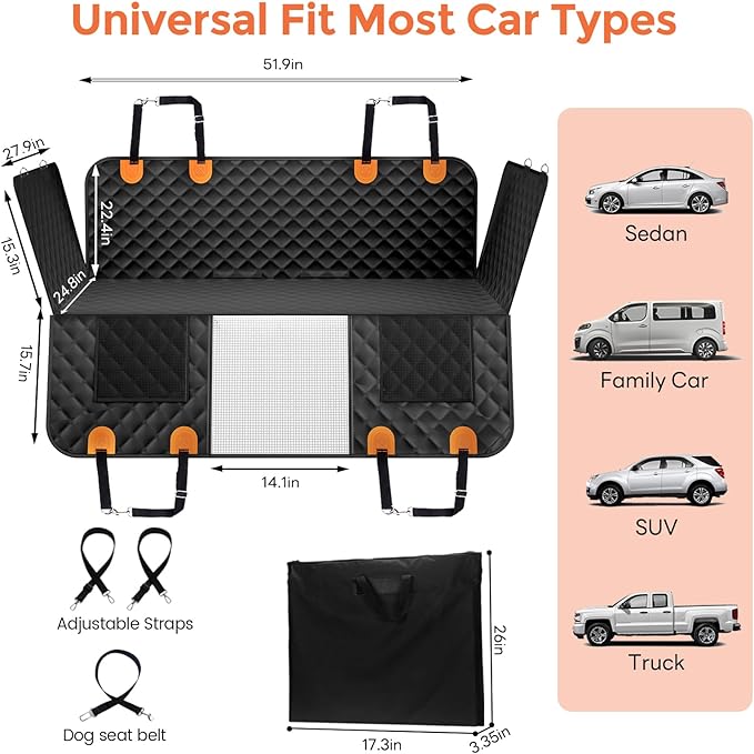 Dog Seat Cover for Back Seat Hard Bottom,Holds 500 lbs,Waterproof Dog Car Seat Cover for Back Seat Extender,Scratch-Proof Pet Hammock for Car,SUV,Truck - with Mesh Window & Storage,BlackOR