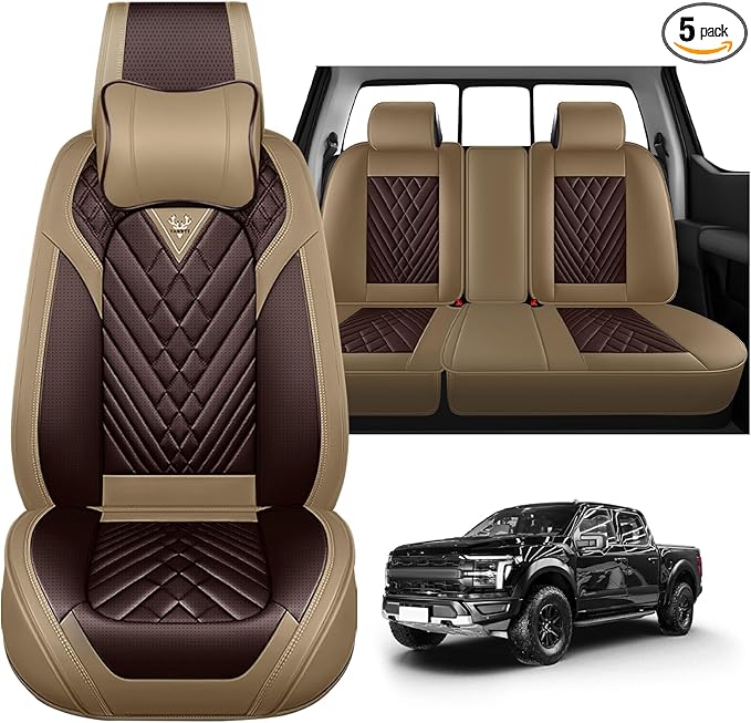 Full Set Car Seat Covers for Ford F-150 F-250 F-350 XL XLT STX Lariat King Ranch Platinum Raptor Waterproof Seat Covers 2009-2025, Anti-Slip Seat Protectors(Luxury 5 Seats/Brown Coffee)