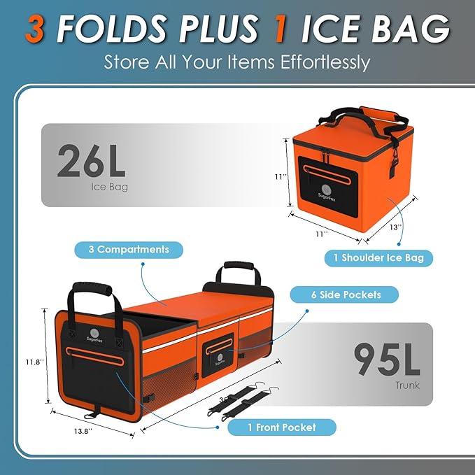 95L Car Trunk Organizer & Storage With 26L Ice Pack, Waterproof Foldable | Trunk Organizers for SUVs & Cars, Car Storage Organizer, Great Gift for Drivers (Orange-M004)