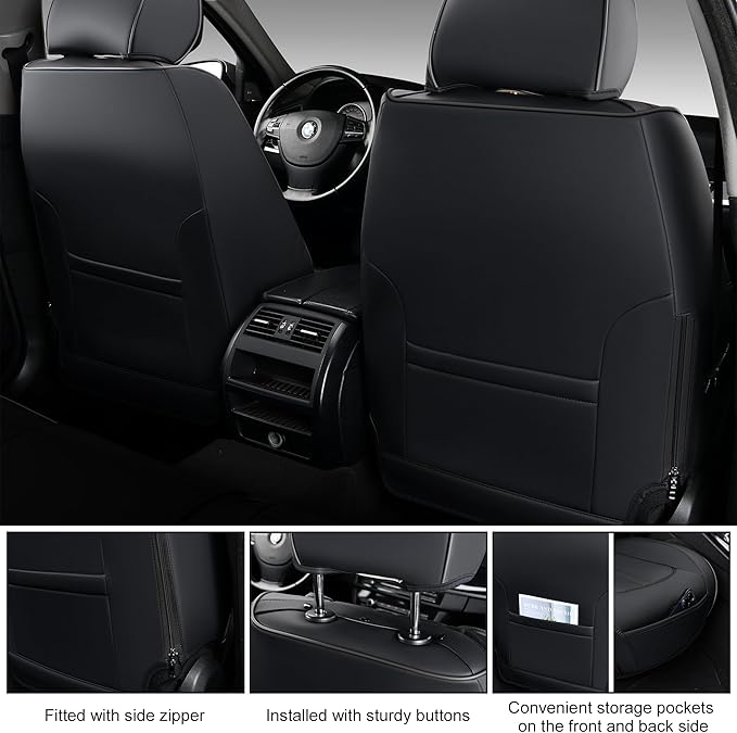 Black Car Seat Covers Full Set, Universal Front and Rear Seat Covers for Cars, Waterproof Leather Auto Seat Protectors Airbag Compatible, Car Seat Cushions Fit for Most Sedans SUV Pick-up Truck