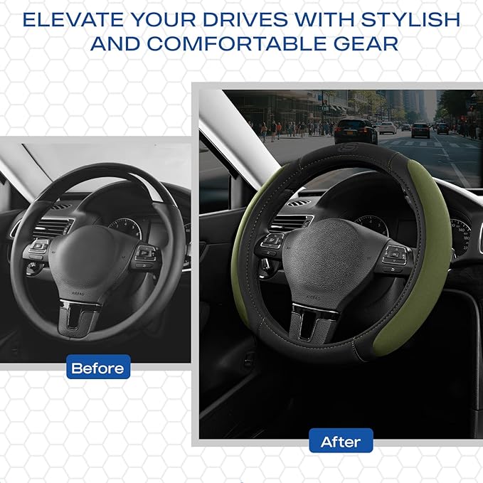 Skechers Steering Wheel Cover, Memory Foam Car Steering Wheel Cover,14.5-15inch Anti-Slip Safety Comfortable Desgin, Universal Accessory for Diverse Cars, Truck,SUV (Black & Olive)