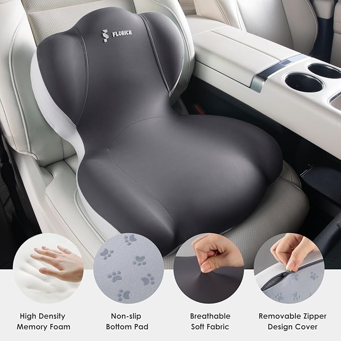 FLORICH Memory Foam Truck Seat Cushion,Car Seat Cushion and Lumbar Support Pillow for Office Chair, Ergonomic Back Support & Sciatica Relief for Long Drives(Beige Grey)
