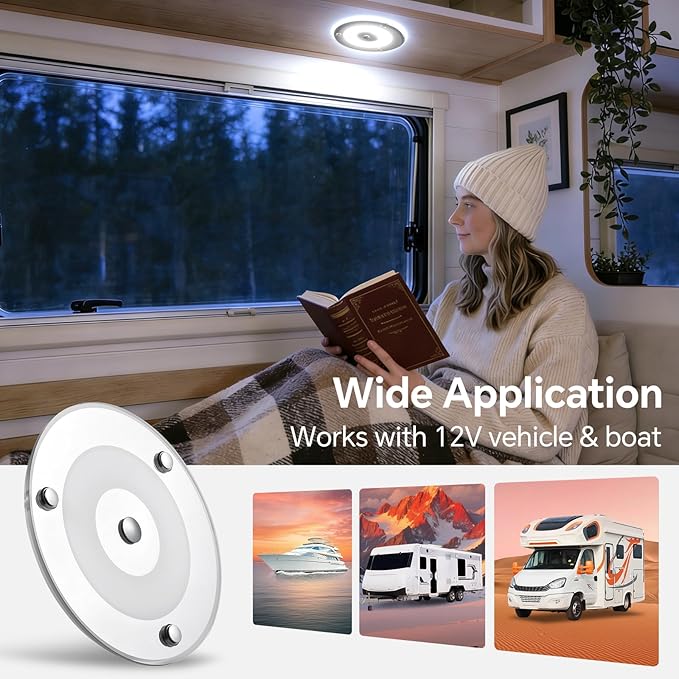 12V Ceiling Dome Light, 4.75 Inch 400LM Dimmable Interior Light for RV Boat Camper Van Travel Trailer Truck Fifth Wheel Interior Lighting, Blue NightLight & Touch Switch(Cool White)