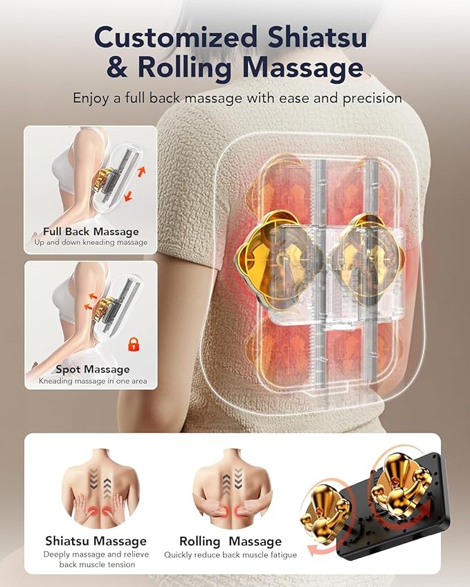 Boriwat Back Massager with Heat, Shiatsu 4D Kneading Rolling Up and Down Back Massage for Pain Relief Deep Tissue, Track-Guided Lower Back Massager for Lumbar, Shoulder, Gifts for Women Men Mom Dad