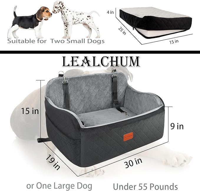 Dog Car Seat Up to 55lb,2 Clip-On Safety Adjustable Leashs Car Dog Bed for 2 Small Dogs,Fully Detachable and Washable Pet Car Seat with 2 Storage Pockets,Easy to Install(Black/Grey, Large)