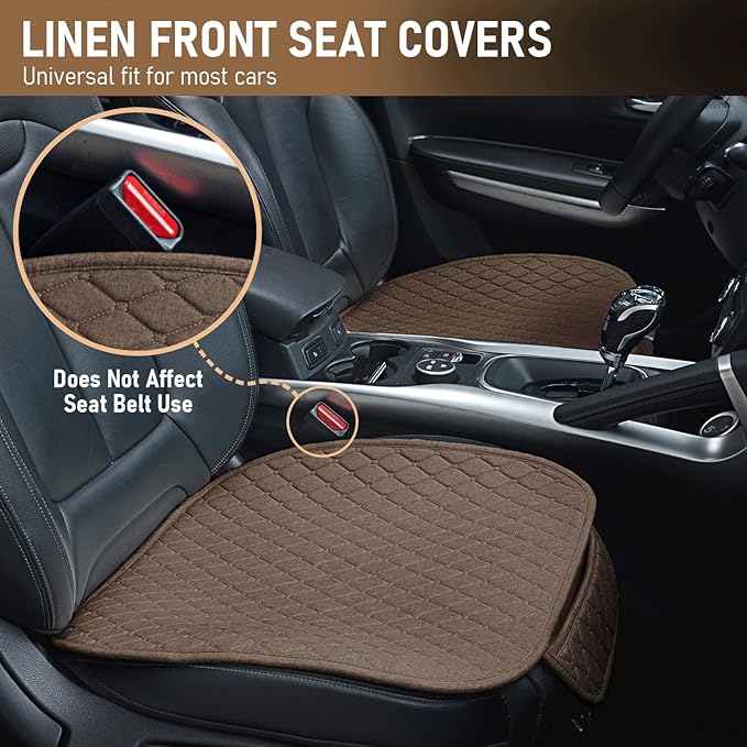 Linen Car Seat Covers for Cars - Non-Slip and Soft, 2 PCS Bottom Seat Cover Protectors with Storage Pocket, Linen Front Seat Covers Used for SUVs, Cars, Sedans (Brown)