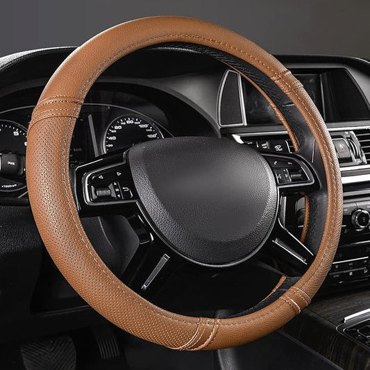 Car Pass Classical Leather Automotive Universal Steering Wheel Covers,Universal Fit for Suvs,Trucks,Sedans,Cars,Vans,14.5-15inch Anti-Slip Safety Comfortable Desgin(Brown)