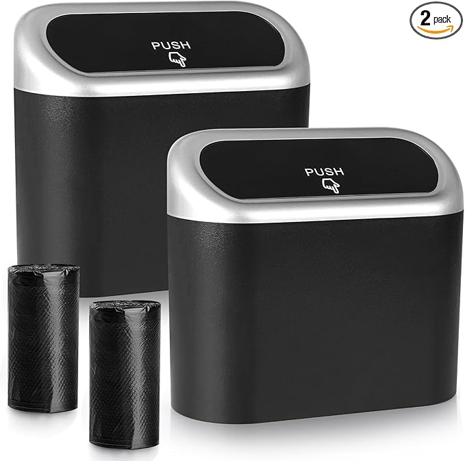 Accmor Car Trash Can with Lid, Mini Vehicle Trash Bin Car Dustbin Garbage Organizer Holder with Trash Bag, 2 Pack Small Hanging Leakproof Cars Storage Bag Container for Auto, SUV, Office (Silver)