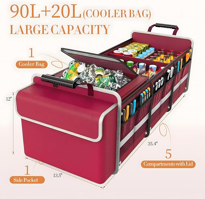 Large Trunk Organizer for SUV with Premium Portable Cooler Bag, Car Organizers and Storage with Foldable Cover, Collapsible Car Trunk Bed Organizer for Truck, 2 Retractable Straps, 90L+20L, Wine Red-C