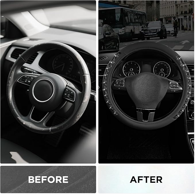 Road Comforts Steering Wheel Cover, Glitter Bling Leather Wheel Cover, Universal Fit 14.5"-15.5" Steering Wheels for Women & Girls, Anti-Slip Car Wheel Protector for Cars, Trucks, Vans, SUVs-Black