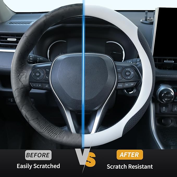 Nappa Leather Steering Wheel Cover, Universal 14.5–15 Inch Non-Slip Breathable Steering Wheel Cover for Cars, White