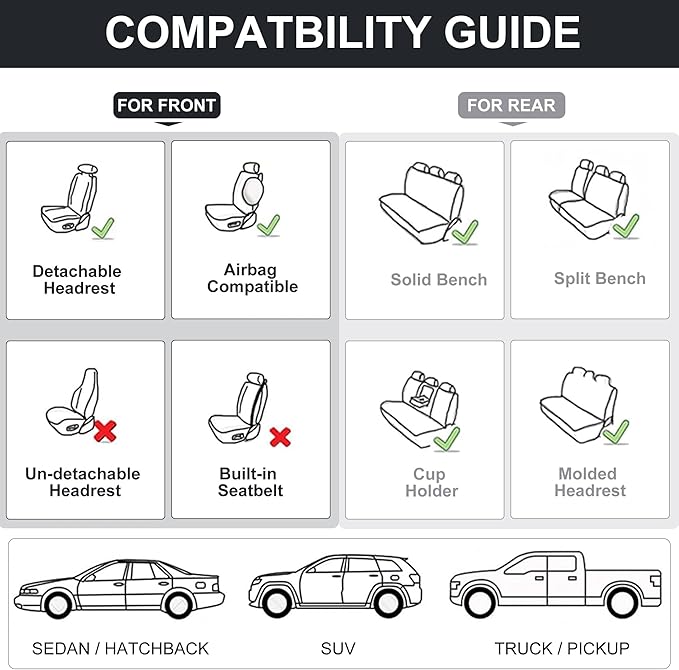 Black Car Seat Covers Full Set, Universal Front and Rear Seat Covers for Cars, Waterproof Leather Auto Seat Protectors with Head Pillow, Car Seat Cushions Fit for Most Sedans SUV Pick-up Truck