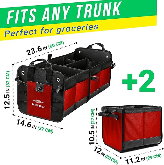 XL Trunk Organizer 4-Section Modular System – Extra Large Car Cargo Storage, Foldable Multi-Compartment Bin for Groceries, Gear & Travel – High-Density Structure – Red