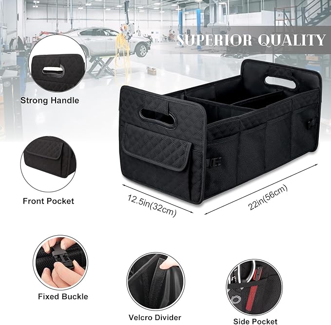 JiatuA Car Trunk Organizer for SUV, Car Storage Organizer Collapsible Multi Compartment Container Box, Adjustable Car Accessories for Women/Men, Black