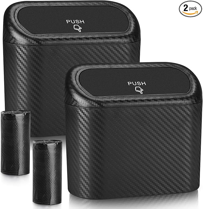 Accmor Car Trash Can with Lid, 2 Pack Mini Vehicle Trash Bin Car Dustbin Garbage Organizer Holder with Trash Bag, Small Hanging Leakproof Auto Storage Bag Container (Carbon Fiber)