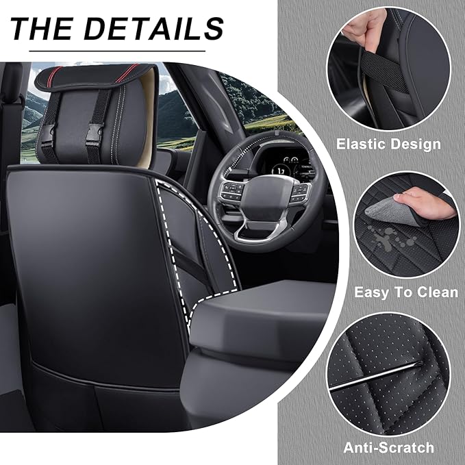 Front Set Car Seat Covers for Ford F-150 F-250 F-350 XL XLT STX Lariat King Ranch Platinum Raptor Waterproof Seat Covers 2009-2025, Anti-Slip Seat Protectors(Luxury 2 Seats/Black Red)