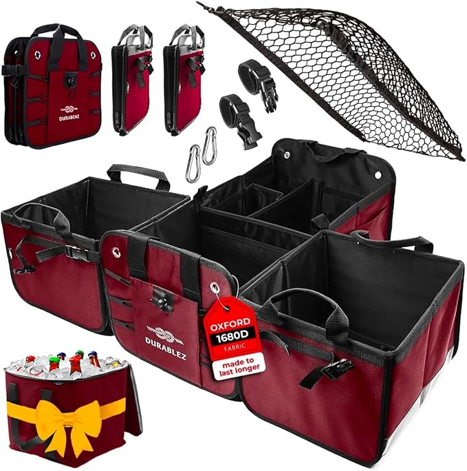 5-Section Trunk Organizer for SUV, Truck, Sedan, Van – Modular Extra Large Cargo Storage Bin, Detachable Car Trunk Organizer with Dividers, Collapsible Auto Organization System – Cherry Red