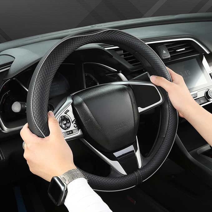 West Llama Microfiber Leather Car Steering Wheel Cover for Chevy Silverado,Tahoe,Equinox,Traverse,Trailblazer,Colorado (Black+Gray Line - Standard Size)