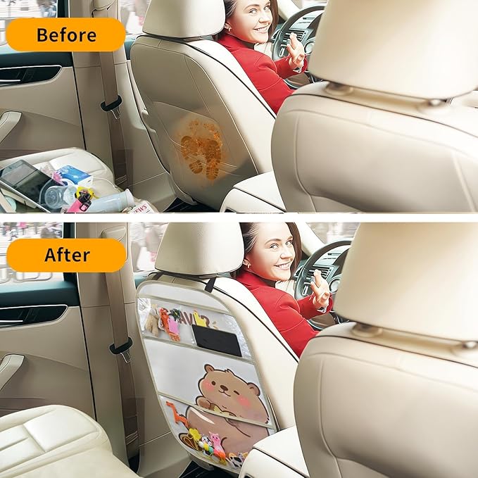 2-Pack kids Leather Car Backseat Organizer with Foldable Table Tray, Car Storage Organizer with Tablet Holder, Car Seat Back Protectors Kick Mats, Travel Accessories (Beaver)