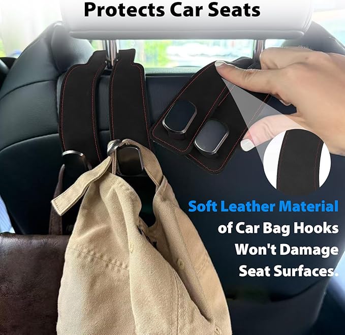 Headrest Hooks for Car, Purse Hook for Car, Premium Leather Twin Hook Car Seat Hooks, Double Hook Seat Back Storage Organizer for Purses, Bags, SUV, Truck, Vehicle, 2 Pack, Black