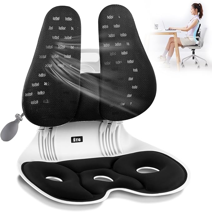 ZZWS Ergonomic Back Support, Foldable Chair Back Support with Adjustable Inflatable Lumbar Cushion Ideal for Students Office Workers Nursing Mothers Long Sitting Outdoor Fishing Floor