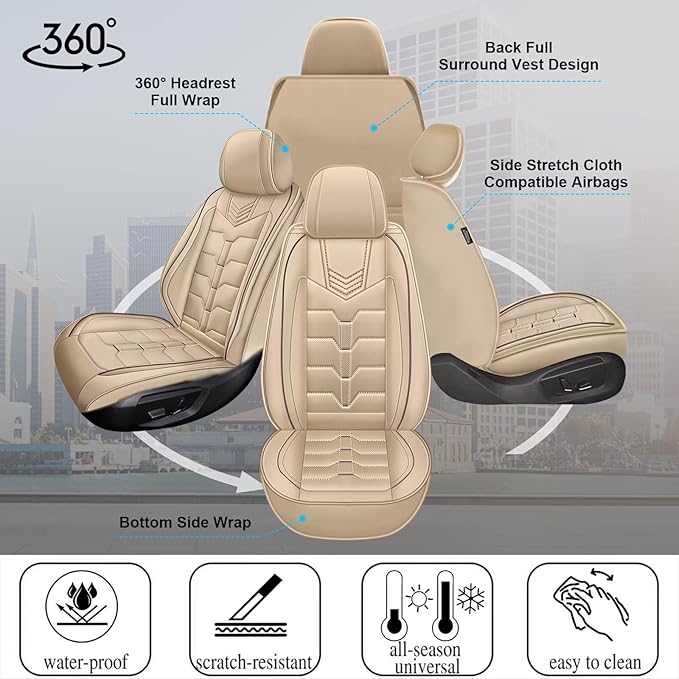 2PCS Front Car Seat Covers Fit for Lincoln MKX 2008-2019 Faux Leather Seat Cover Waterproof Seat Cushion Protector (Beige)