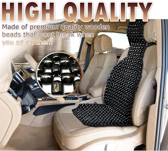 VaygWay Beaded Seat Cushion Car Driver Seat Cover with Durable & Double Strung Natural Wood Beads- Cooling Comfort Ventilated Massaging Support Cushion for Auto Cars -1 Pack Black