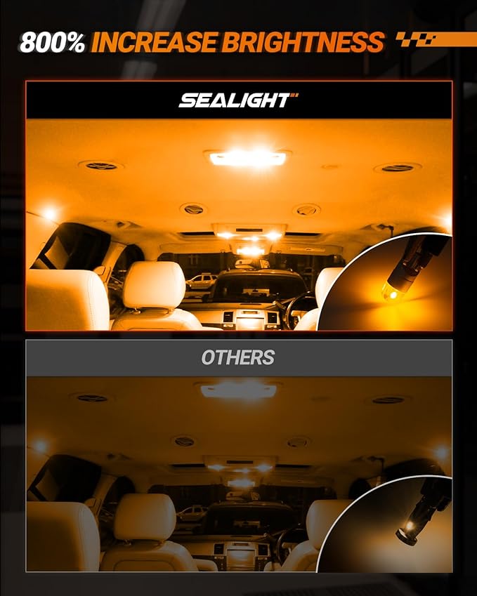 SEALIGHT 194 LED Bulb 2700K Amber, 168 2825 T10 W5W 3030 Bright LED Chips, Dome Light, Map Light, Door Light, Courtesy Light, License Plate Light, Pack of 10