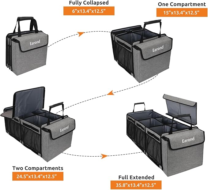 Collapsible Trunk Organizer with Insulated Leakproof Cooler Bag,Removable Lid,Adjustable Securing Straps,3 Compartments Trunk Organizer for SUV,Truck,Sedan(Light Grey)