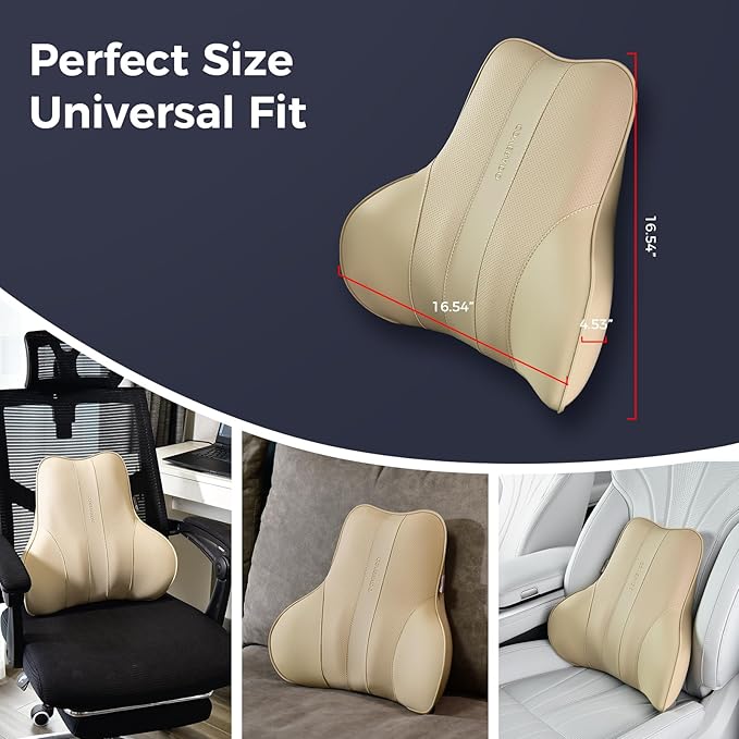 Coverado Lumbar Support Pillow for Car, Ergonomic Memory Foam Back Pillow for Office Chair, New Back Cushion for Pain Relief, PU Leather Car Lumbar Support for Driving Seat