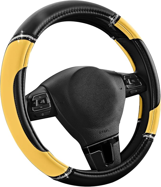 Road Comforts Leather Steering Wheel Cover - Made with PVC Leather - Anti-Slip, Universal Fit 14 1/2 inches to 15 inches - Yellow