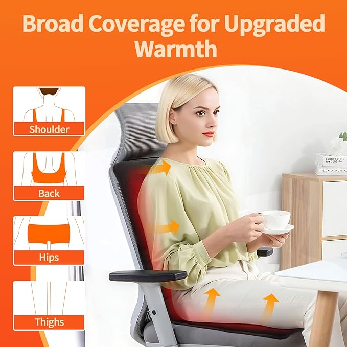 Heated Seat Cushion for Office Chair, Thick Heated Chair Pad, Auto Shut Off, 7 Heating Levels, Fast Heating, Heating Pad Seat Warmer for Full Back, Hips, Thighs, Universal Fit, Gift Women Men