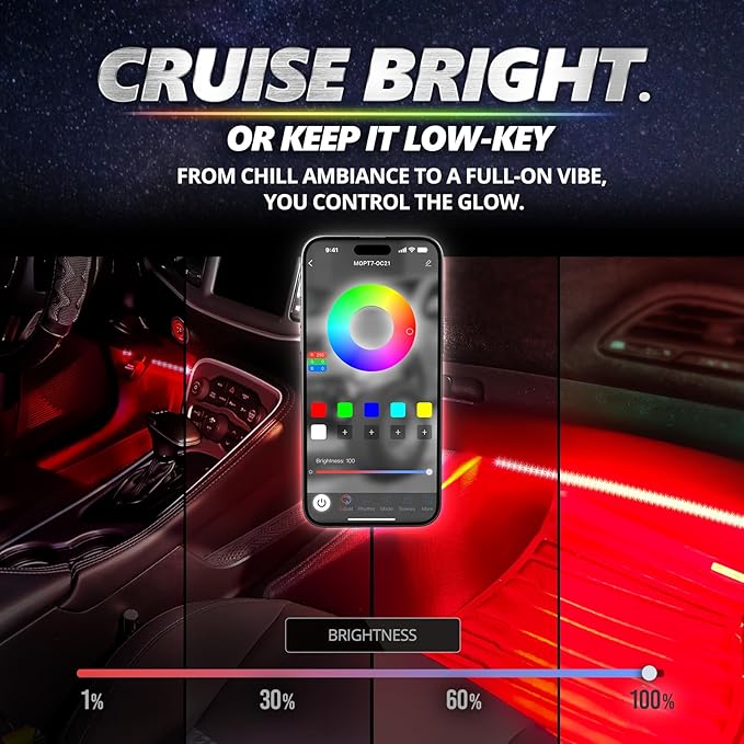 OPT7 Aura Pro 6PC Interior Lights for Truck SUV RV with App & Remote Control, Multicolor Mode, Music Sync Neon Accent Lighting Kit, Under Dash Decor, 12V Car Charger, Single Row LED Strip