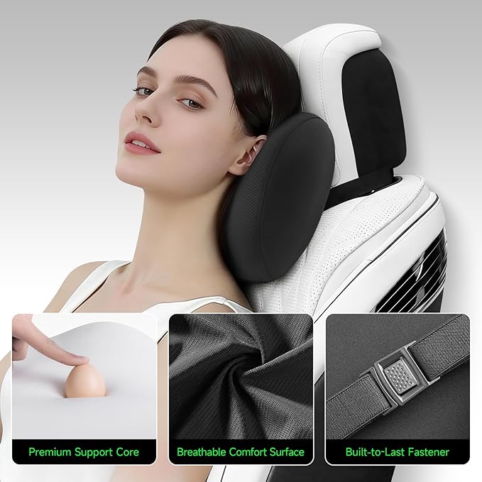 BEBAS Memory Foam Car Headrest Pillow - Breathable Neck Support Pillow for Driving, Universal Fit Cars/SUVs/Tesla/Toyota & Office Chair, Removable Cover (Black, 1-Pack)