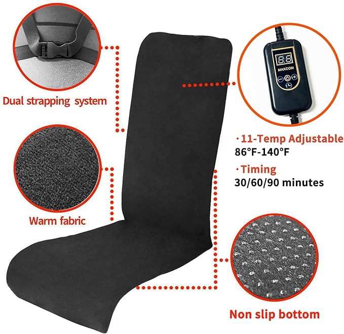 MAXCOM Foldable & Washable Fabric Heated Seat Cushion with Temperature Control & Timer - Whole Back Heating - for Office/Home Use