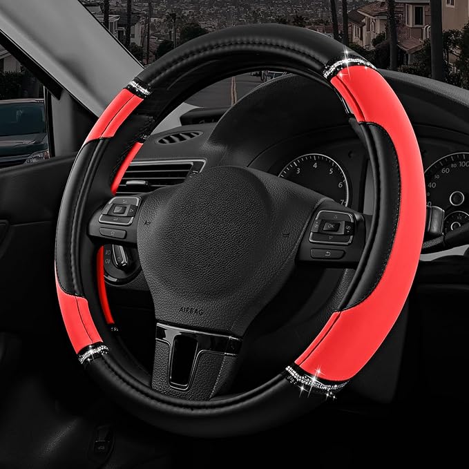 Road Comforts Leather Steering Wheel Cover - Made with PVC Leather - Anti-Slip, Universal Fit 14 1/2 inches to 15 inches - Red