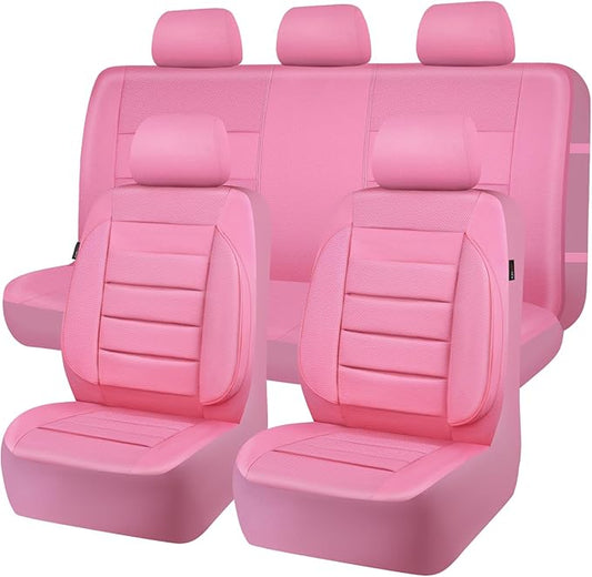 CAR PASS Pink Leather Seat Covers Full Set Universal Water Resistant 3D Foam Back Support, Luxury Comfort Automotive 5 Seat Covers All Season Fit SUV,Sedan,Van, Airbag Compatible Elegance Pink